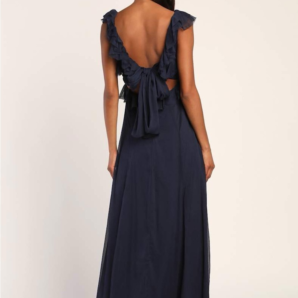NWT Lulus Navy blue Ruffle Chiffon Dress - Picture 2 of 8